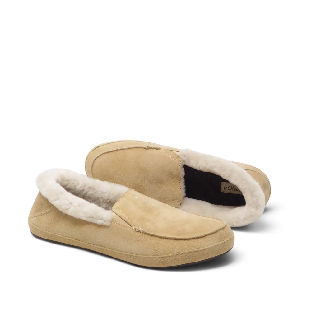 OluKai Womens Ku'Una Slippers Golden Sand Suede Shearling 11